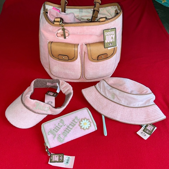 NWT JUICY COUTURE Scottie Dog Logo Pink Terry Bucket Hat Beach Sun Vintage Rare!